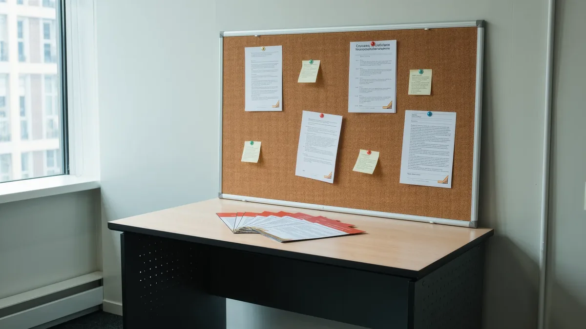 Schreibtisch mit ausgelegten Informationsbroschüren vor einer Pinnwand