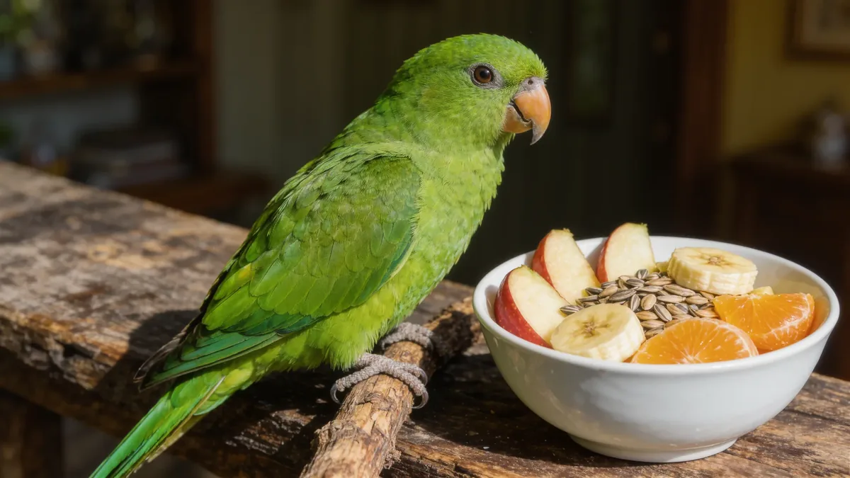 Grüner Papagei auf einem Ast neben einer Schale mit frischem Obst und Körnern